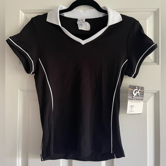 GK Other - NWT GK Elite Gymnastics Black & White Fitted Polo Shirt Top Size L Kids S Ladies